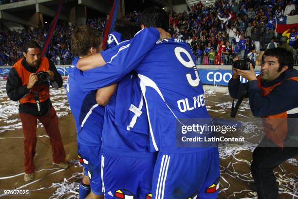 Universidad De Chile's Edson Puch celebrates a goal against Universidad Catolica during the 2010 Libertadores Cup on March 09, 2010 in Coquimbo,...