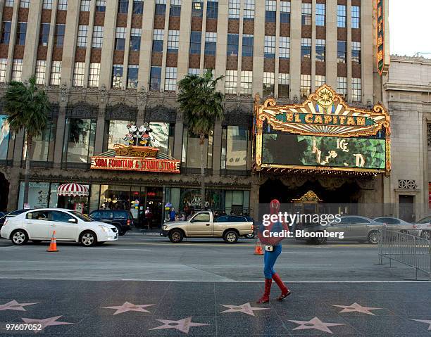 Person in a Spider Man costume walks along the Hollywood Walk of Fame in Hollywood, California, U.S., on Tuesday, March 9, 2010. The first film ever...