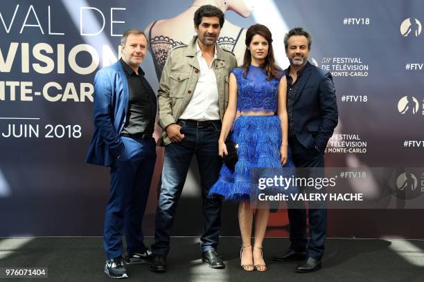 French actors Francois Bureloup, Abdelhafid Metalsi, Aurore Erguy and Vincent Primault pose during a photocall for the TV show "Cherif" during the...