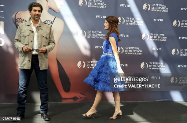 French actor Abdelhafid Metalsi poses with actress Aurore Erguy during a photocall for the TV show "Cherif" during the 58nd Monte-Carlo Television...