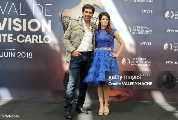 French actor Abdelhafid Metalsi poses with actress Aurore Erguy during a photocall for the TV show "Cherif" during the 58nd Monte-Carlo Television...