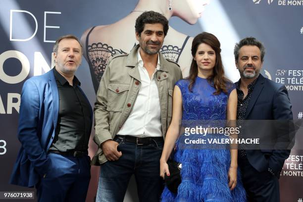 French actors Francois Bureloup, Abdelhafid Metalsi, Aurore Erguy and Vincent Primault pose during a photocall for the TV show "Cherif" during the...