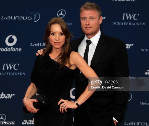 Cricketer Andrew Flintoff and his wife Rachael Flintoff arrives at the Laureus World Sports Awards 2010 at Emirates Palace Hotel on March 10, 2010 in...