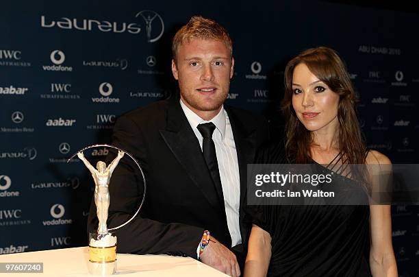 Cricketer Andrew Flintoff and his wife Rachael Flintoff arrives at the Laureus World Sports Awards 2010 at Emirates Palace Hotel on March 10, 2010 in...