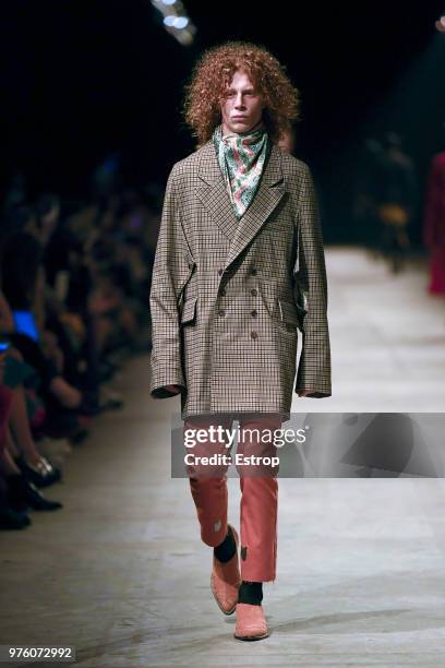 Model walks the runway at the Bed JW Ford show during the 94th Pitti Immagine Uomo on June 14, 2018 in Florence, Italy.