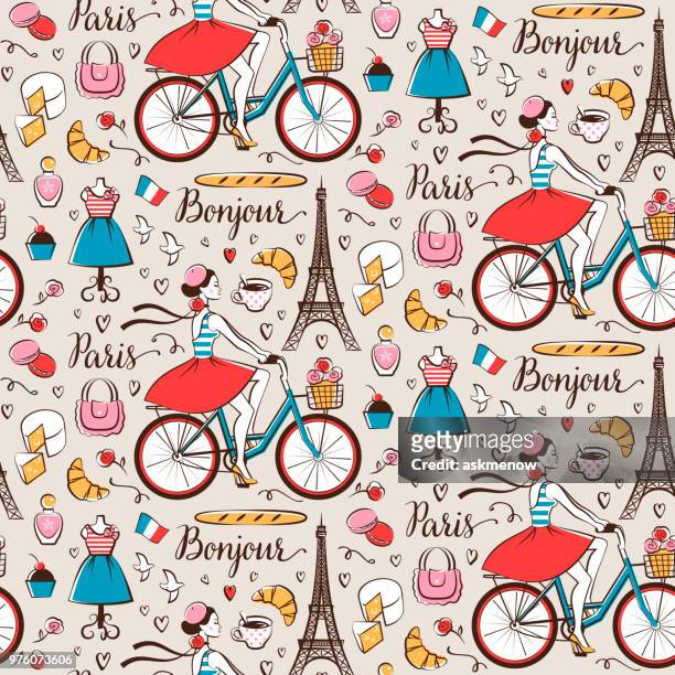 paris seamless pattern - french culture stock illustrations
