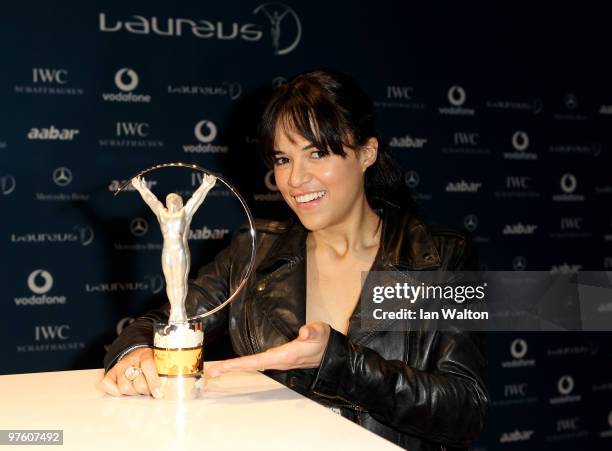 Actress Michelle Rodriguez arrives at the Laureus World Sports Awards 2010 at Emirates Palace Hotel on March 10, 2010 in Abu Dhabi, United Arab...