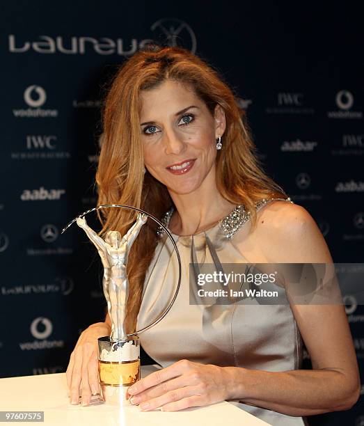 Laureus Sports Academy Member Monica Seles arrives at the Laureus World Sports Awards 2010 at Emirates Palace Hotel on March 10, 2010 in Abu Dhabi,...