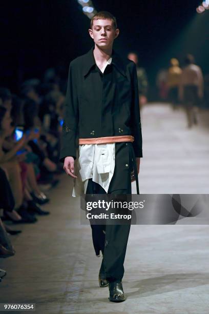 Model walks the runway at the Bed JW Ford show during the 94th Pitti Immagine Uomo on June 14, 2018 in Florence, Italy.