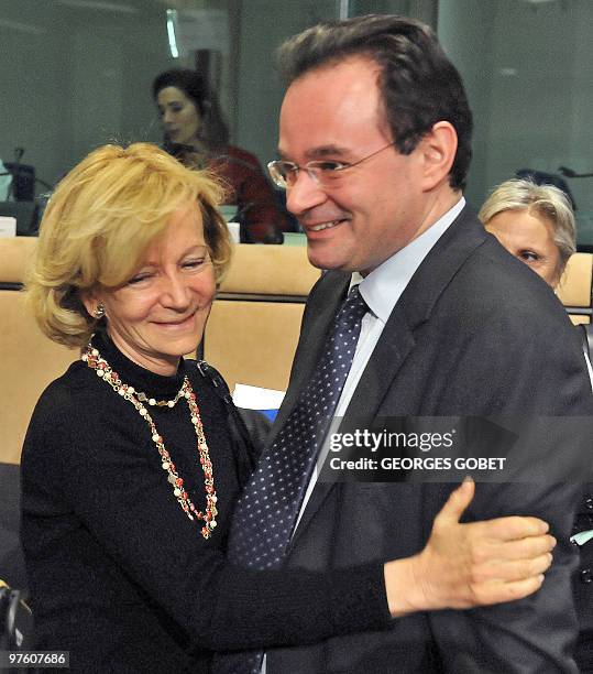 Spanish Finance Minister Elena Salgado greets her Greek counterpart Georgios Papaconstantinou on February 15, 2010 prior to an Eurogroup meeting at...