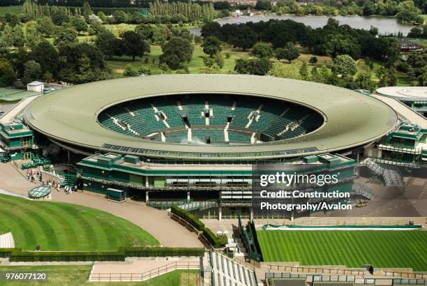 No 1 Court, All England Lawn Tennis Club, Wimbledon, London, UK elevated view.