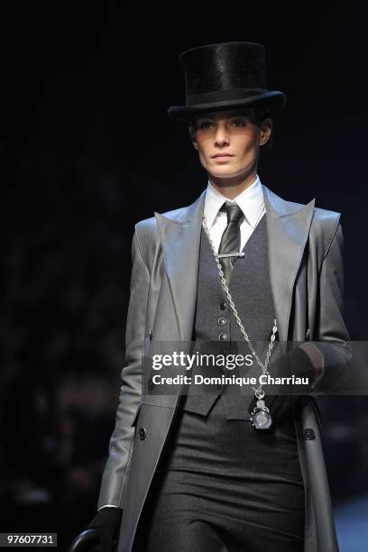 Model walks the runway during the Hermes Ready to Wear show as part of the Paris Womenswear Fashion Week Fall/Winter 2011 at Halle Freyssinet on...