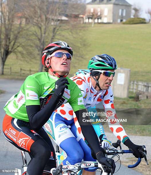 Polka dot jersey France's Saur-Sojasun cycling team's France's Laurent Mangel rides with Green jersey of best sprinter and third placed in the...