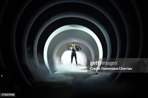 Model walks the runway during the Hermes Ready to Wear show as part of the Paris Womenswear Fashion Week Fall/Winter 2011 at Halle Freyssinet on...