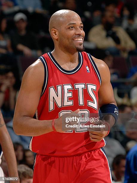 Jarvis Hayes of the New Jersey Nets cracks a smile during the game against the Detroit Pistons at the Palace of Auburn Hills on February 6, 2010 in...