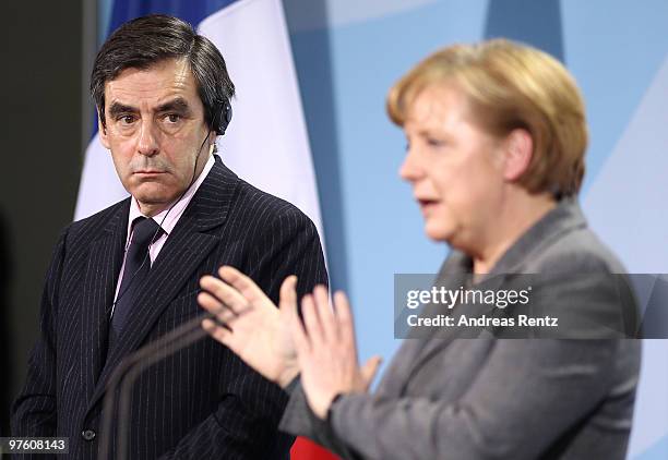 German Chancellor Anglea Merkel and French Prime Minister Francois Fillon attend a press conference at the Chancellery on March 10, 2010 in Berlin,...