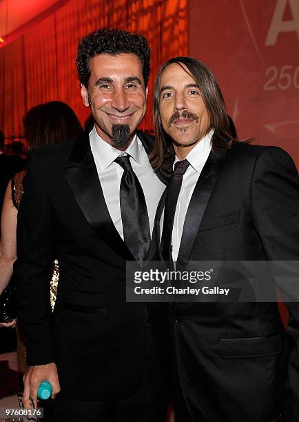 Musicians Serj Tankian and Anthony Kiedis attend Godiva at the 18th Annual Elton John AIDS Foundation Oscar party held at Pacific Design Center on...