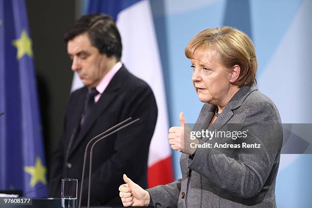 German Chancellor Anglea Merkel and French Prime Minister Francois Fillon attend a press conference at the Chancellery on March 10, 2010 in Berlin,...