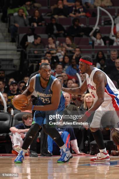 Al Jefferson of the Minnesota Timberwolves handles the ball against Ben Wallace of the Detroit Pistons during the game on February 16, 2010 at The...