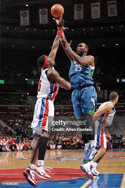 Al Jefferson of the Minnesota Timberwolves puts up a shot against Ben Wallace of the Detroit Pistons during the game on February 16, 2010 at The...