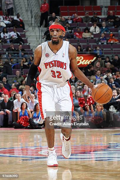 Richard Hamilton of the Detroit Pistons handles the ball against the Minnesota Timberwolves during the game on February 16, 2010 at The Palace of...
