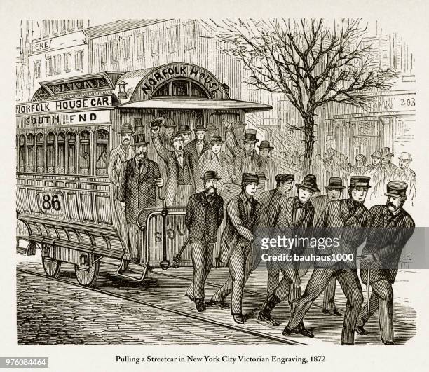 pulling a streetcar in new york city victorian engraving, 1872 - grand central tours stock illustrations
