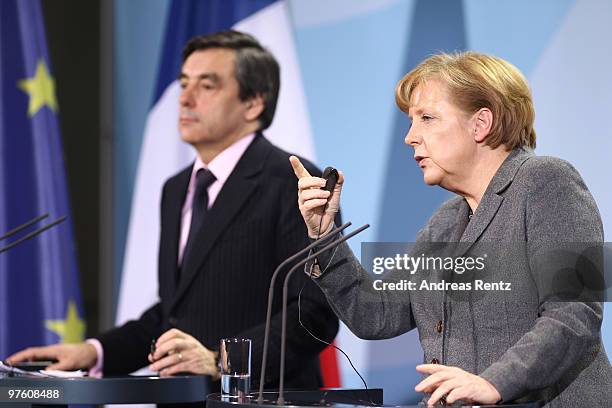 German Chancellor Anglea Merkel and French Prime Minister Francois Fillon attend a press conference at the Chancellery on March 10, 2010 in Berlin,...