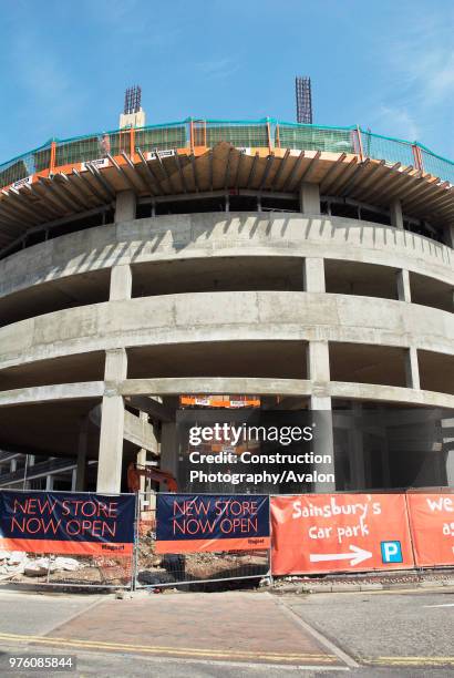 Circular ramped car park entrance under construction for a new Sainsbury's store, High Wycombe, UK.