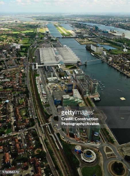 Aerial view of the ExCel Exhibition Centre, Royal Victoria Dock, Royal Albert Dock and City Airport near Canary Wharf, Thames Gateway, London, UK New...
