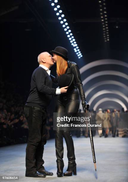 Designer Jean-Paul Gaultier and Model Lily Cole walk the runway at the end of the Hermes Ready to Wear show as part of the Paris Womenswear Fashion...