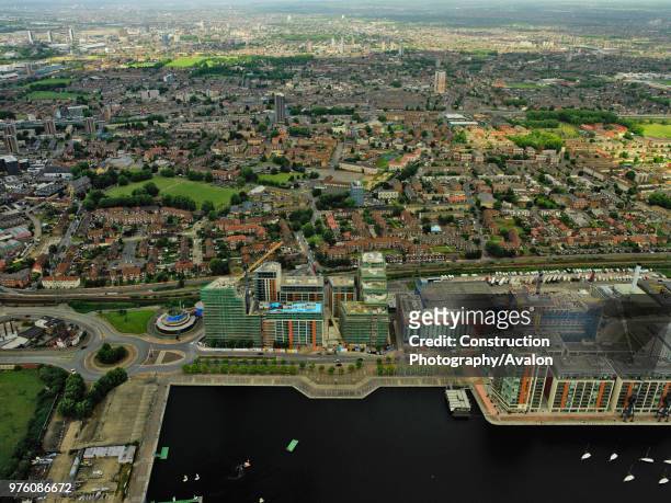 Aerial view of large property development - Capital East, Barratt - on the Royal Victoria Dock, near Canary Wharf, Thames Gateway, London, UK West...