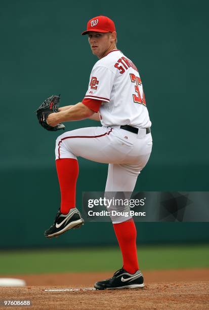 Starting pitcher Stephen Strasburg of the Washington Nationals pitches against the Detroit Tigers at Space Coast Stadium on March 9, 2010 in Viera,...