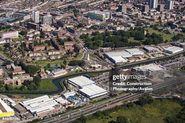 Aerial View of suburban landscape - housing and road.