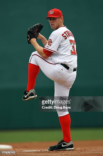 Starting pitcher Stephen Strasburg of the Washington Nationals pitches against the Detroit Tigers at Space Coast Stadium on March 9, 2010 in Viera,...