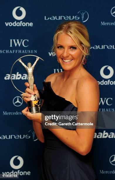 World Surfing Champion Stephanie Gilmore poses with her award for "Laureus World Action Sportsperson of the Year" in the Awards room during the...