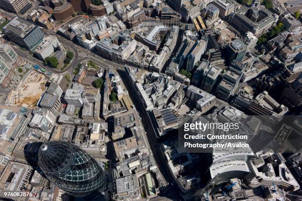 Aerial view of City of London, Leadenhall Street and Fenchurch Street towards Aldgate.