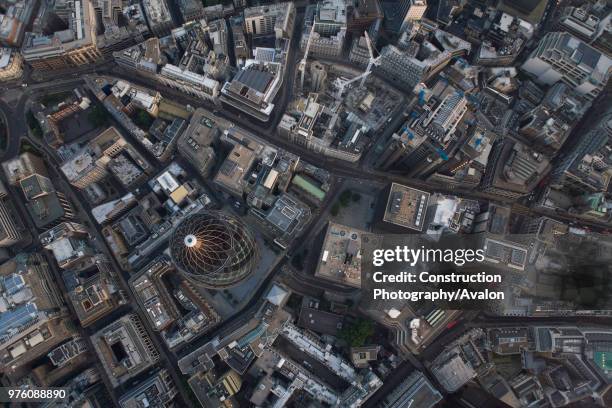 Aerial view of City of London at dusk 30 St Mary Axe, Lloyd's Building, Leadenhall Street.