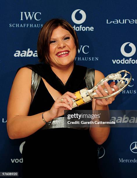 Swimmer Natalie du Toit poses with her award for " Laureus Disability Award" in the Awards room during the Laureus World Sports Awards 2010 at...