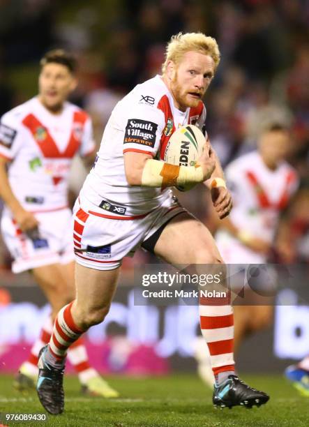 James Graham of the Dragons runs the ball during the round 15 NRL match between the St George Illawarra Dragons and the Manly Sea Eagles at WIN...