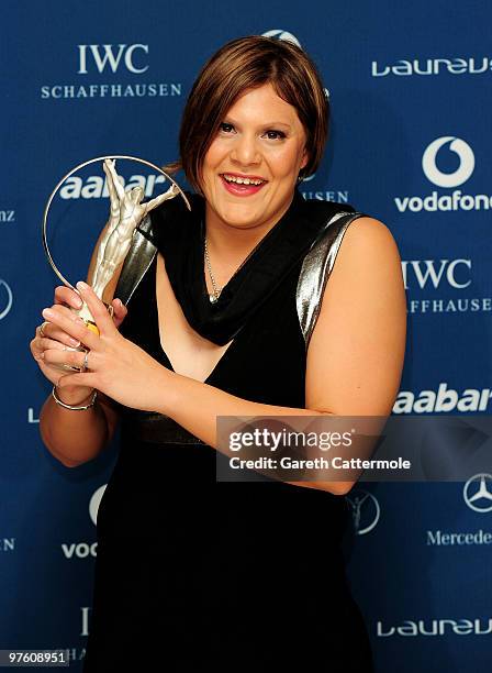 Swimmer Natalie du Toit poses with her award for " Laureus Disability Award" in the Awards room during the Laureus World Sports Awards 2010 at...