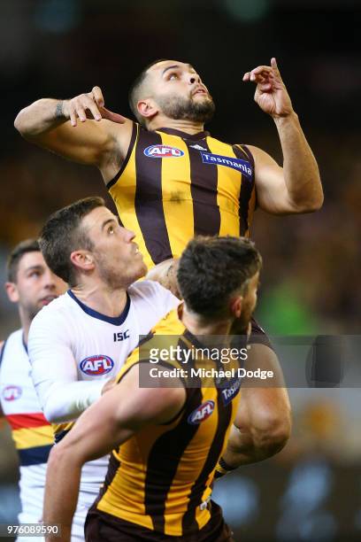 Jarman Impey of the Hawks compete for the ball over Paul Seedsman of the Crows during the round 13 AFL match between the Hawthorn Hawks and the...