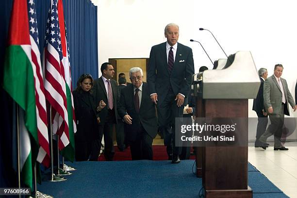 Vice President Joe Biden arrives to hold a joint press conference with Palestinian President Mahmoud Abbas after their meeting at the Presidential...