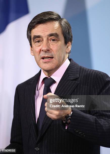 French Prime Minister Francois Fillon attends a press conference at the Chancellery on March 10, 2010 in Berlin, Germany. German Chancellor Angela...