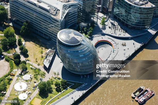 Aerial view of City Hall, The office of the Mayor of London, London, UK.