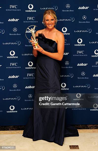 World Surfing Champion Stephanie Gilmore poses with her award for "Laureus World Action Sportsperson of the Year" in the Awards room during the...