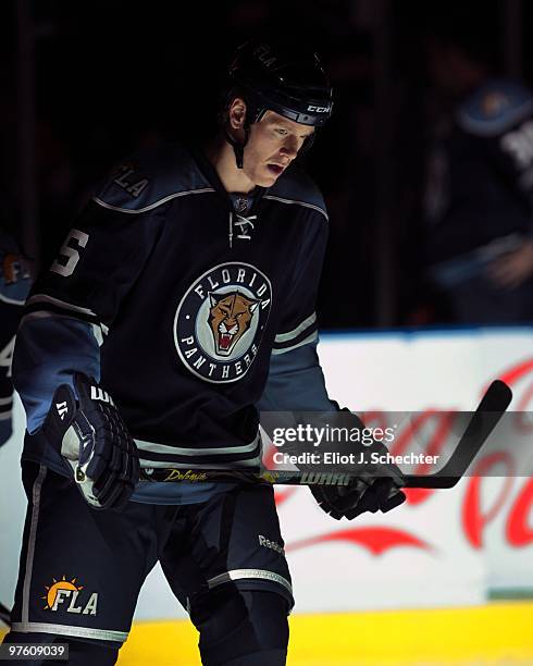 Bryan Allen of the Florida Panthers skates on the ice prior to the start of the game against the Carolina Hurricanes at the BankAtlantic Center on...