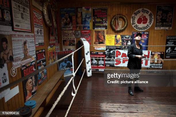 May 2018, Germany, Dusseldorf: The artist Pola Sieverding standing in the Profi-Box-Gym-Weiser behind the former pub 'Beim Box-Papst'. From the 2...
