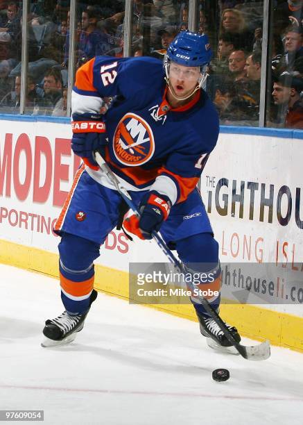 Josh Bailey of the New York Islanders skates against the Boston Bruins on February 6, 2010 at Nassau Coliseum in Uniondale, New York. Bruins defeated...