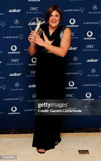 Swimmer Natalie du Toit poses with her award for " Laureus Disability Award" in the Awards room during the Laureus World Sports Awards 2010 at...