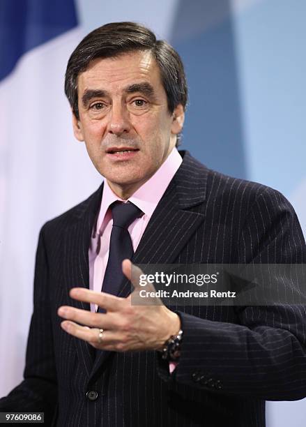 French Prime Minister Francois Fillon attends a press conference at the Chancellery on March 10, 2010 in Berlin, Germany. German Chancellor Angela...